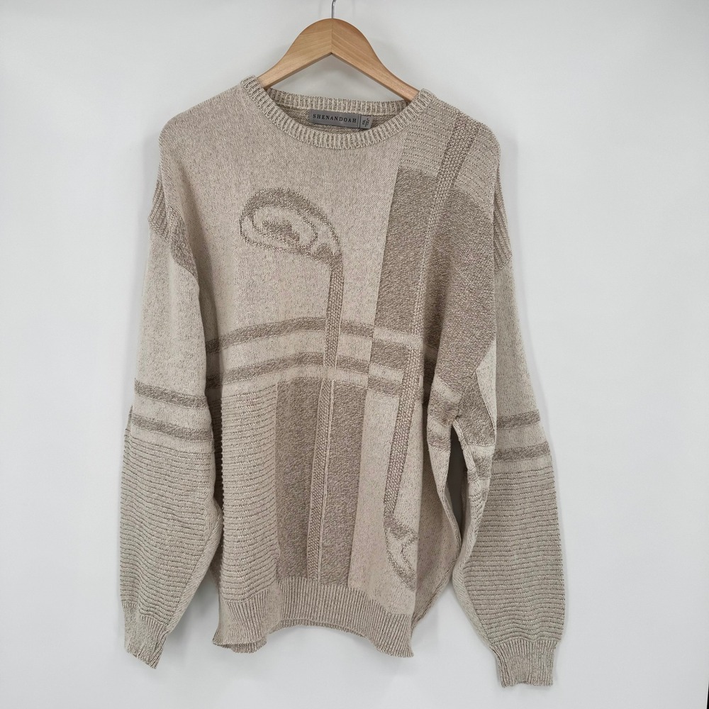 Shenandoah Vintage Mens XXL Golf Club Patchwork Knit Sweater Tan Beige USA Made